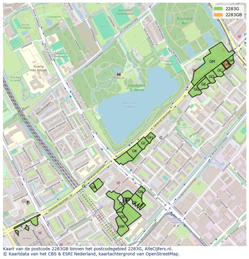 Afbeelding van het postcodegebied 2283 GB op de kaart.