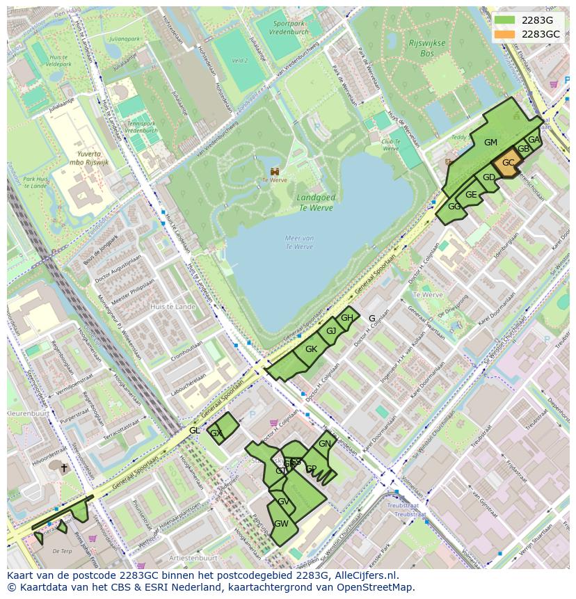 Afbeelding van het postcodegebied 2283 GC op de kaart.