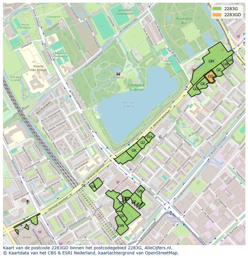 Afbeelding van het postcodegebied 2283 GD op de kaart.