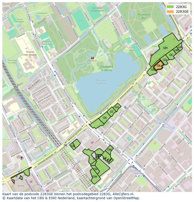 Afbeelding van het postcodegebied 2283 GE op de kaart.