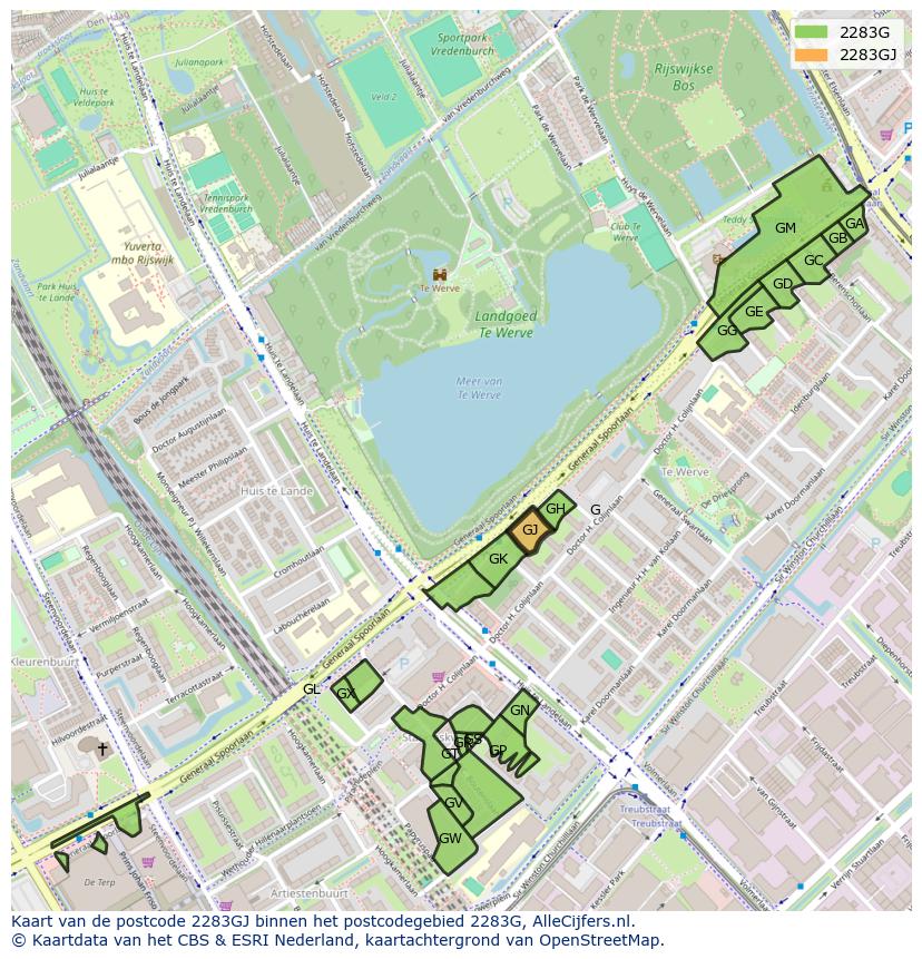 Afbeelding van het postcodegebied 2283 GJ op de kaart.