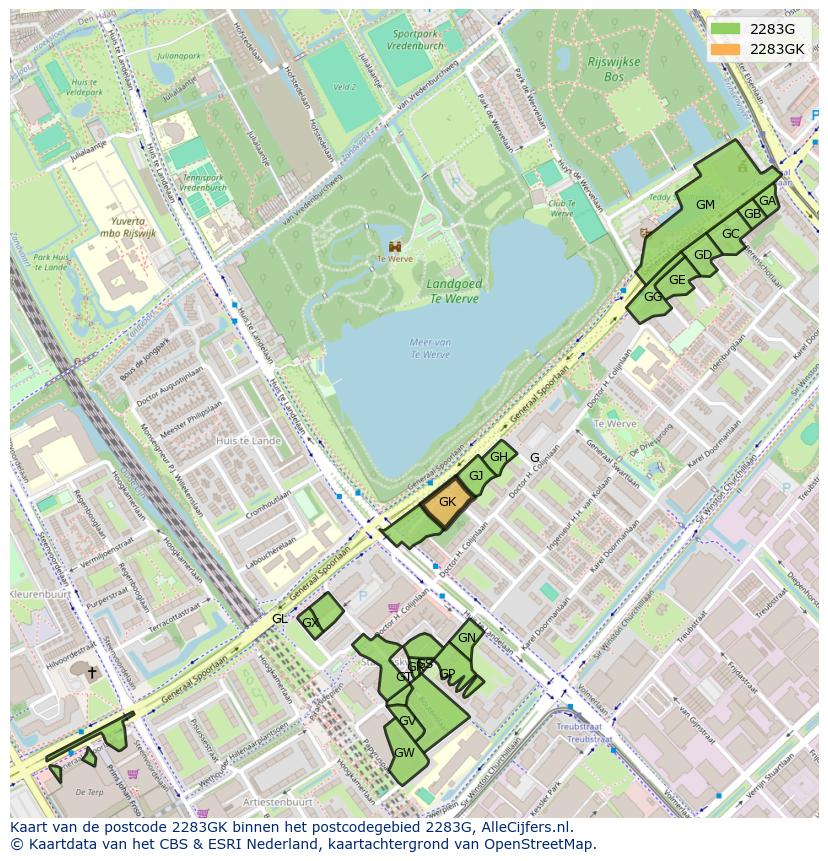 Afbeelding van het postcodegebied 2283 GK op de kaart.