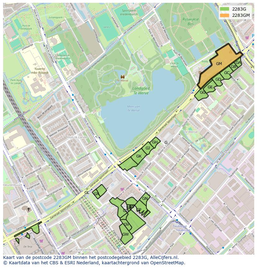 Afbeelding van het postcodegebied 2283 GM op de kaart.