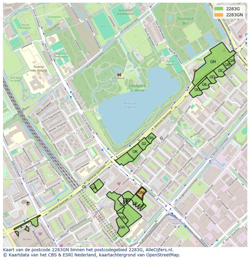 Afbeelding van het postcodegebied 2283 GN op de kaart.