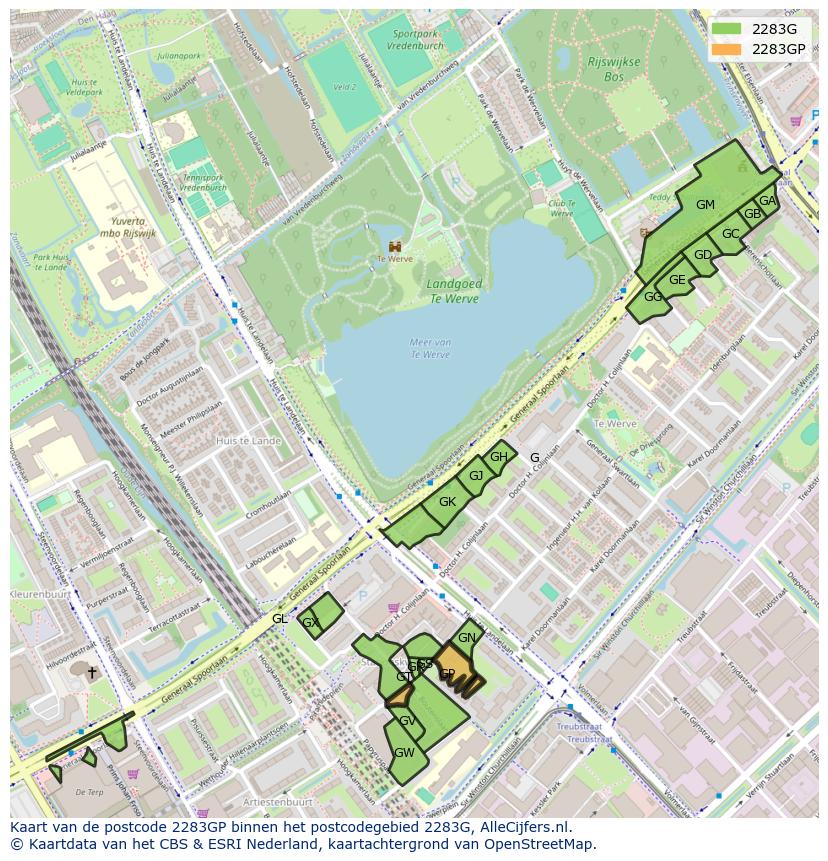 Afbeelding van het postcodegebied 2283 GP op de kaart.