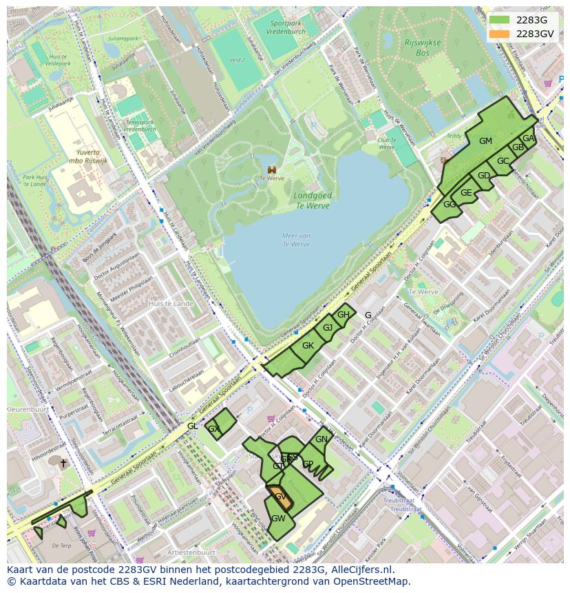 Afbeelding van het postcodegebied 2283 GV op de kaart.