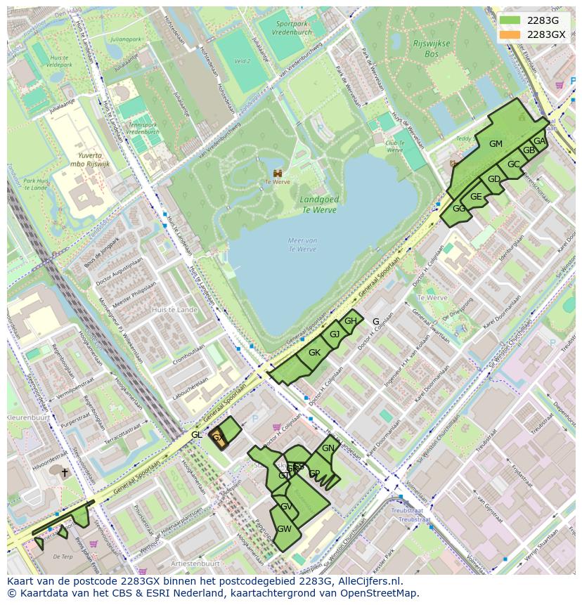 Afbeelding van het postcodegebied 2283 GX op de kaart.