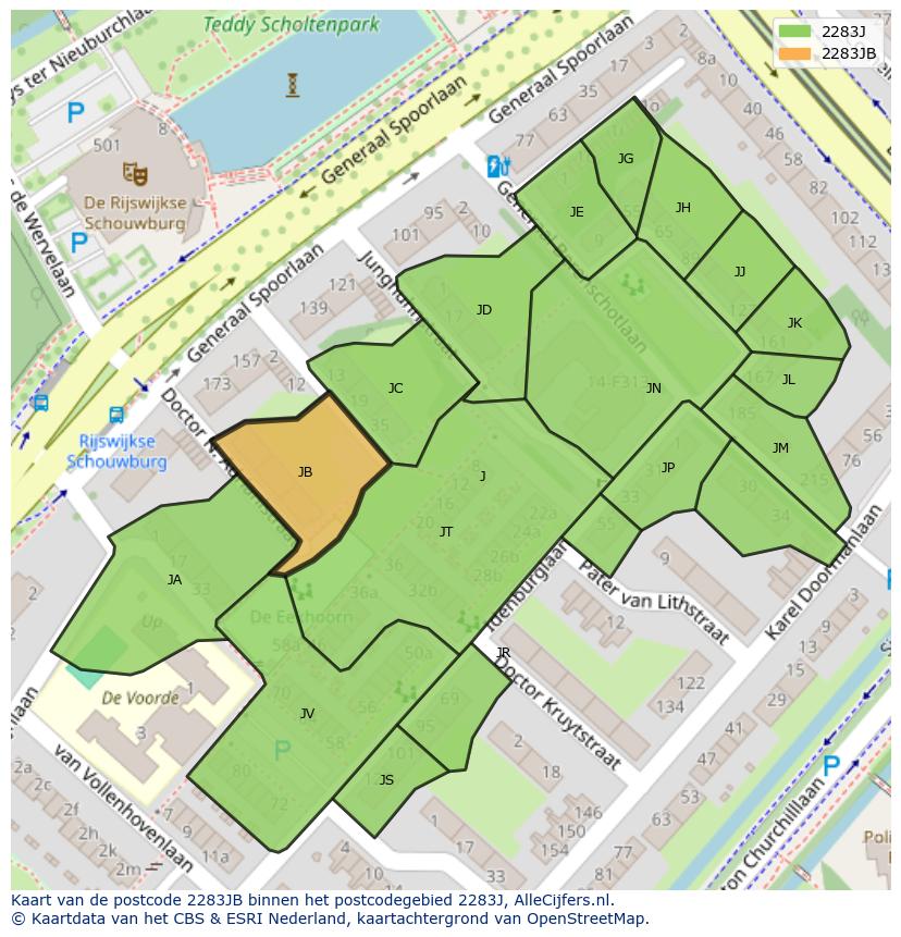 Afbeelding van het postcodegebied 2283 JB op de kaart.