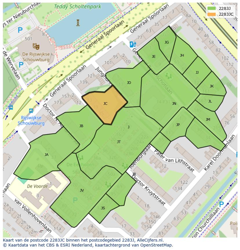 Afbeelding van het postcodegebied 2283 JC op de kaart.