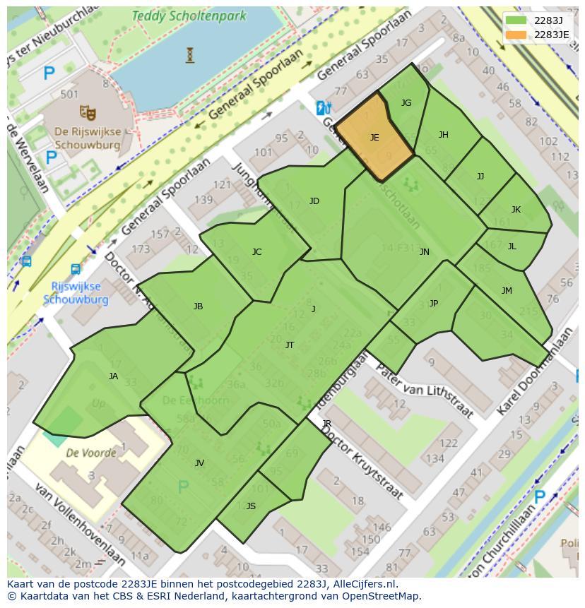 Afbeelding van het postcodegebied 2283 JE op de kaart.