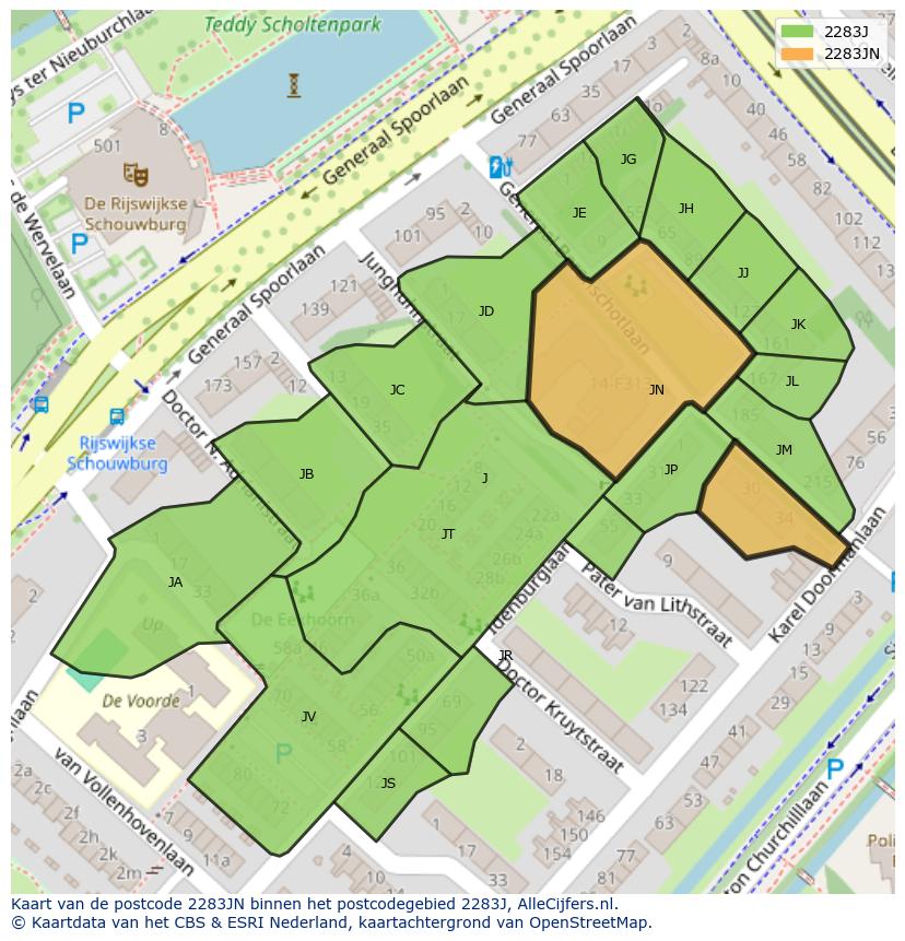 Afbeelding van het postcodegebied 2283 JN op de kaart.