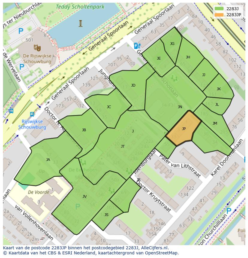 Afbeelding van het postcodegebied 2283 JP op de kaart.