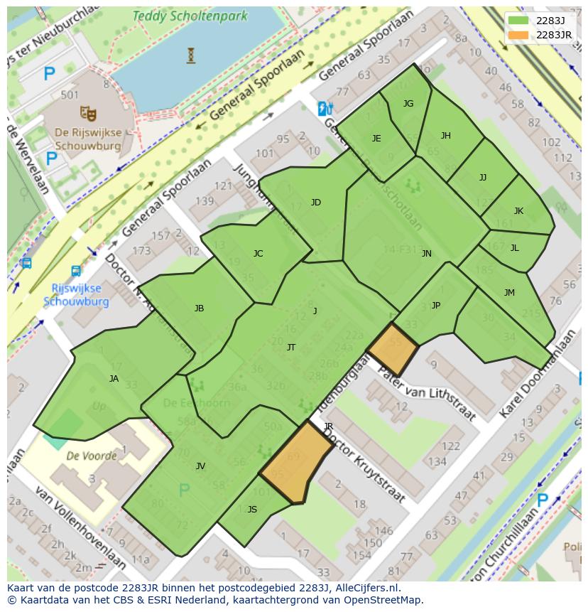 Afbeelding van het postcodegebied 2283 JR op de kaart.