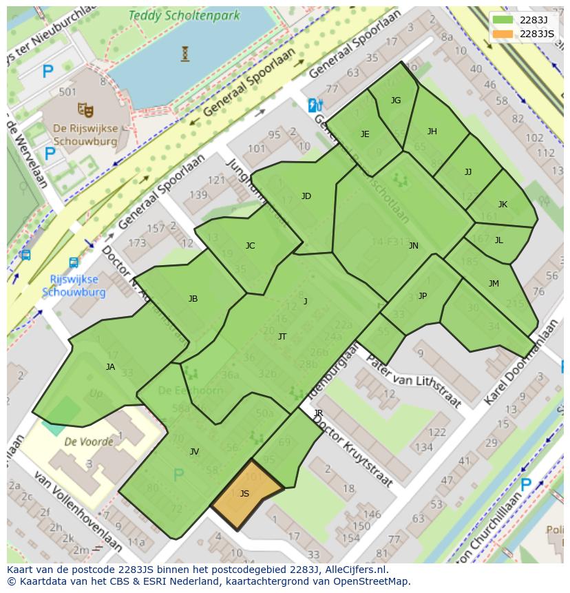 Afbeelding van het postcodegebied 2283 JS op de kaart.