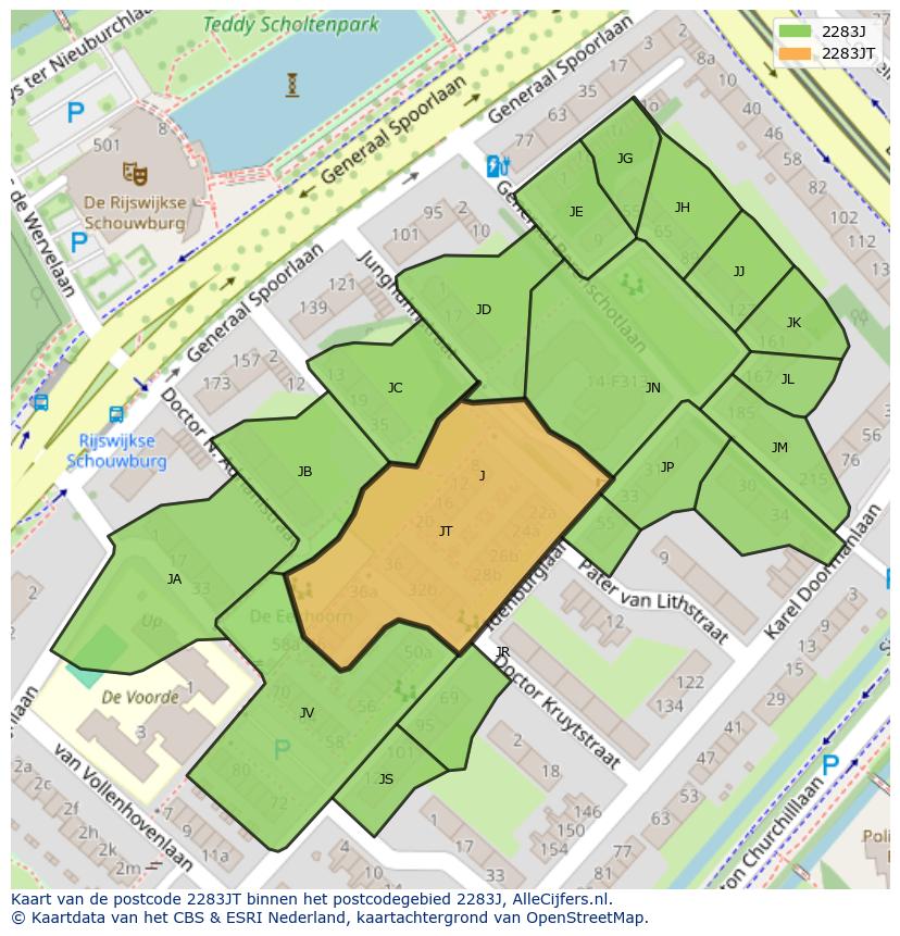 Afbeelding van het postcodegebied 2283 JT op de kaart.