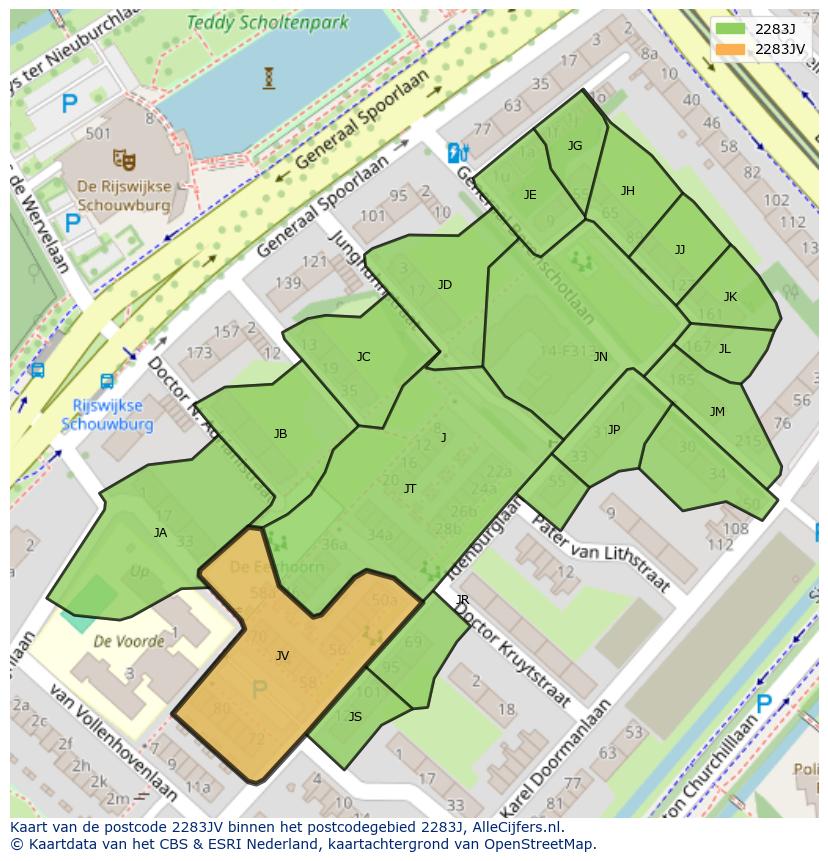 Afbeelding van het postcodegebied 2283 JV op de kaart.