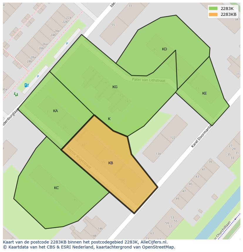 Afbeelding van het postcodegebied 2283 KB op de kaart.