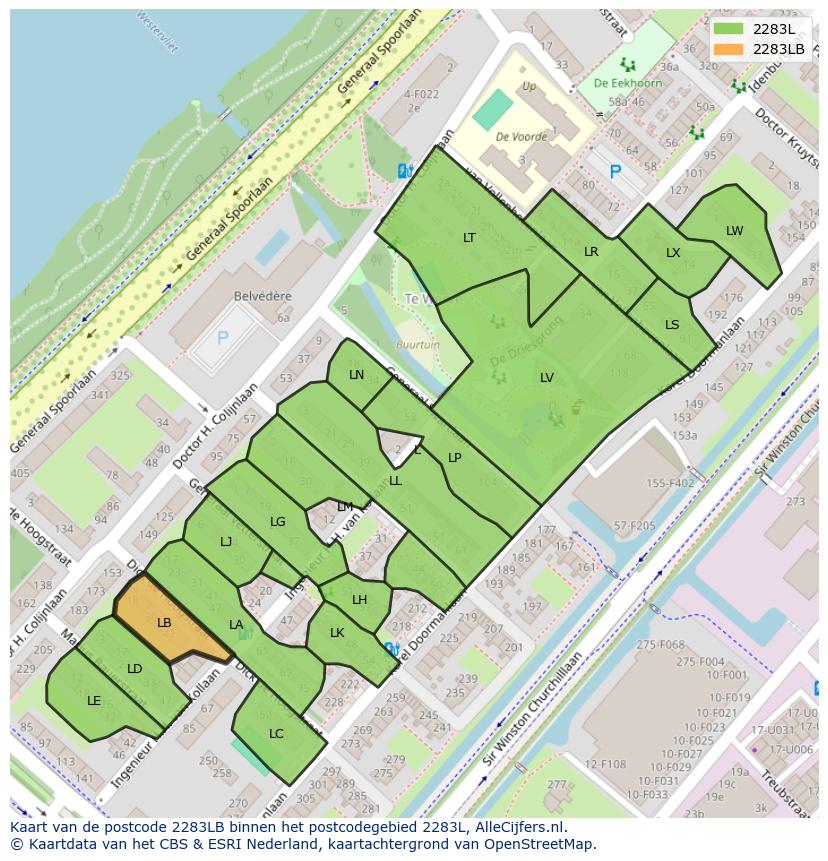 Afbeelding van het postcodegebied 2283 LB op de kaart.