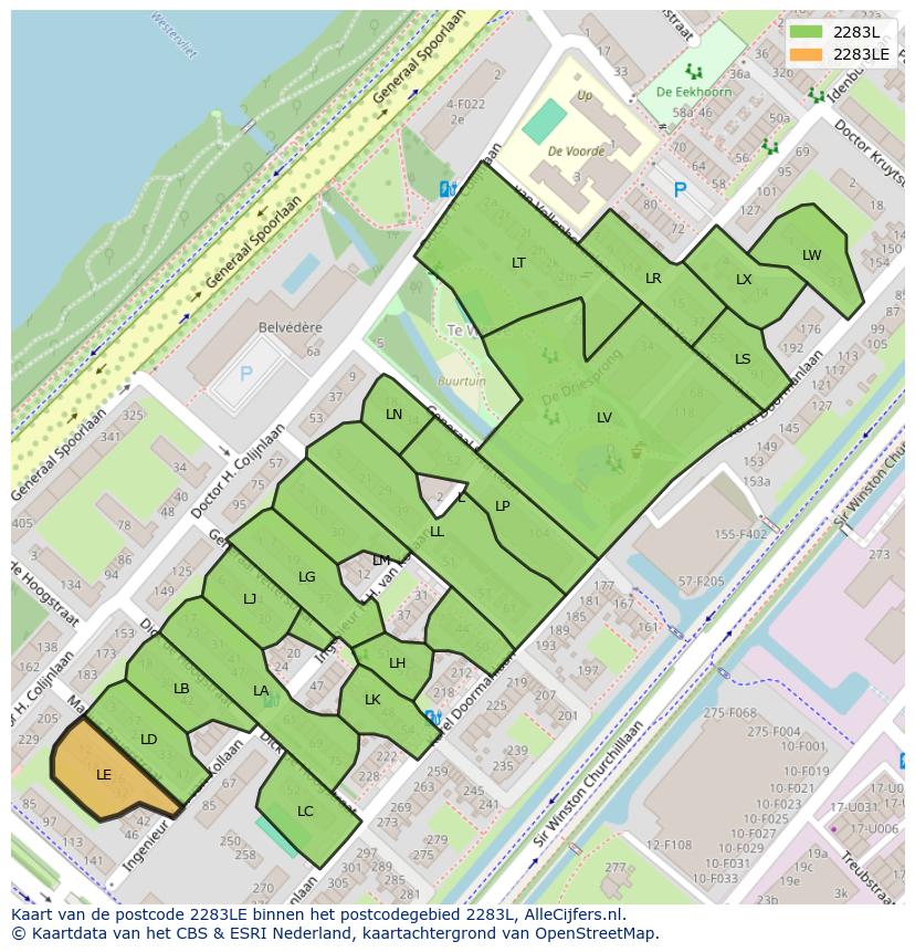 Afbeelding van het postcodegebied 2283 LE op de kaart.