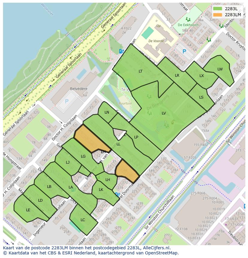 Afbeelding van het postcodegebied 2283 LM op de kaart.