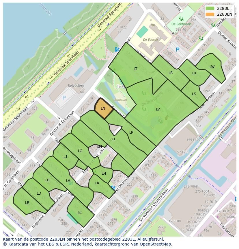 Afbeelding van het postcodegebied 2283 LN op de kaart.