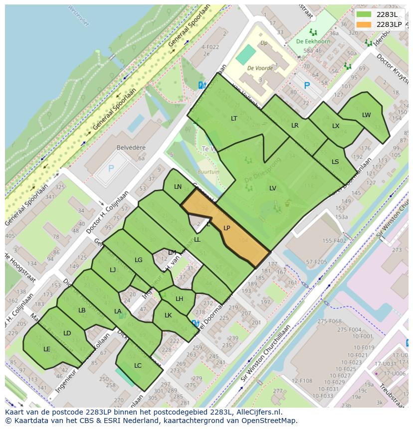 Afbeelding van het postcodegebied 2283 LP op de kaart.