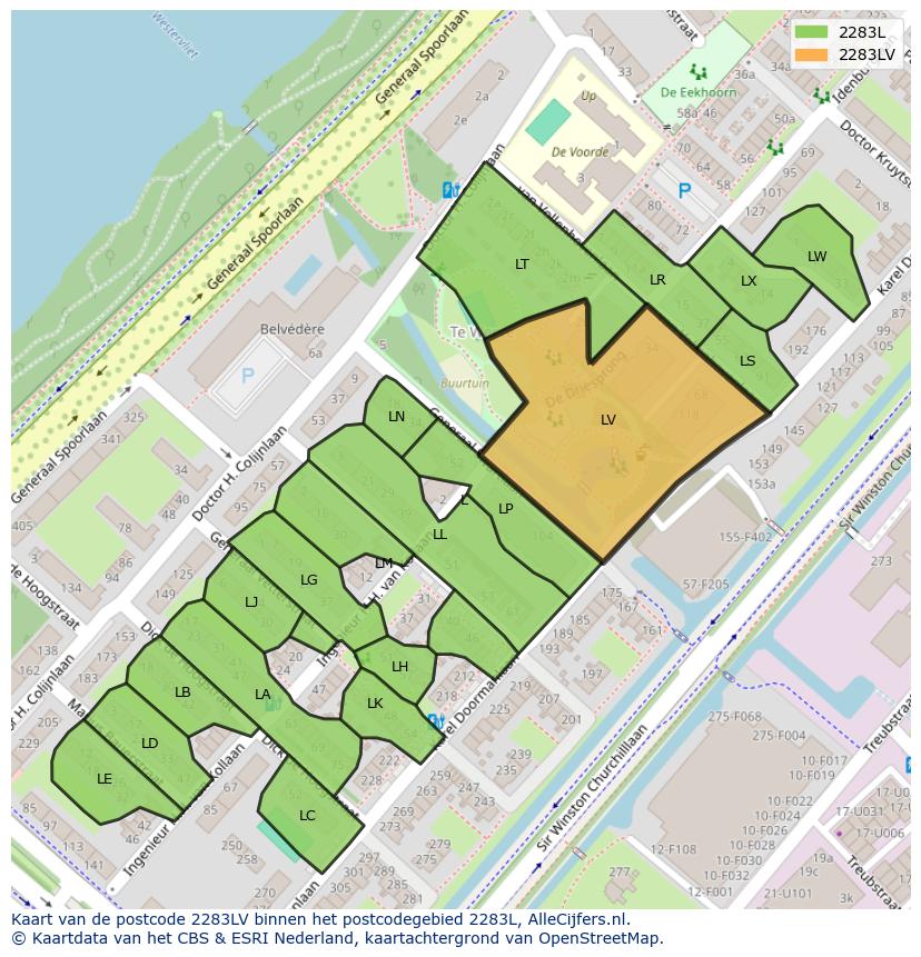 Afbeelding van het postcodegebied 2283 LV op de kaart.