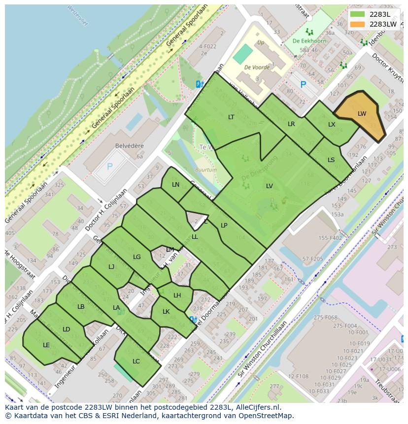 Afbeelding van het postcodegebied 2283 LW op de kaart.