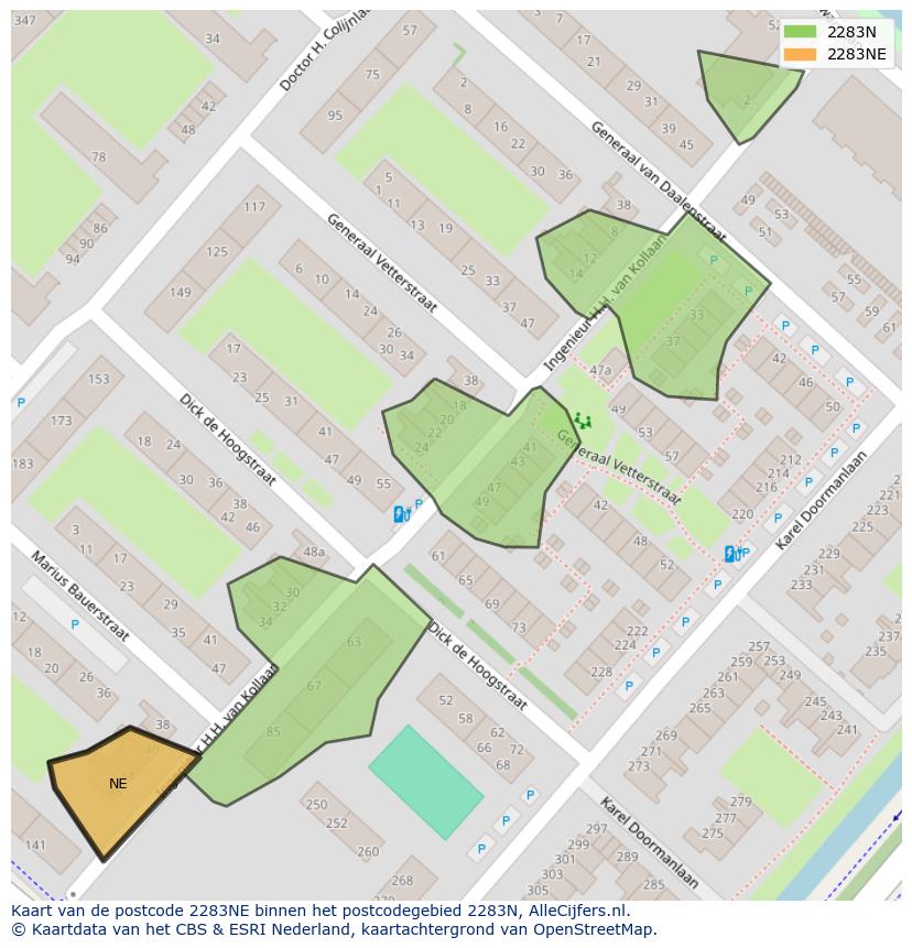 Afbeelding van het postcodegebied 2283 NE op de kaart.