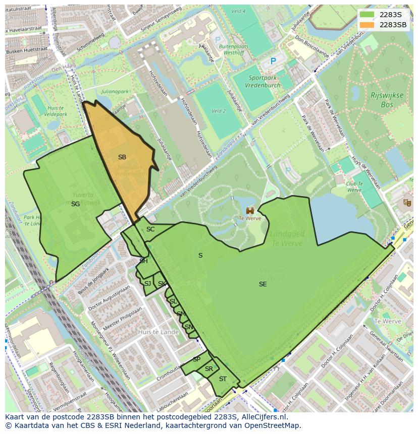 Afbeelding van het postcodegebied 2283 SB op de kaart.
