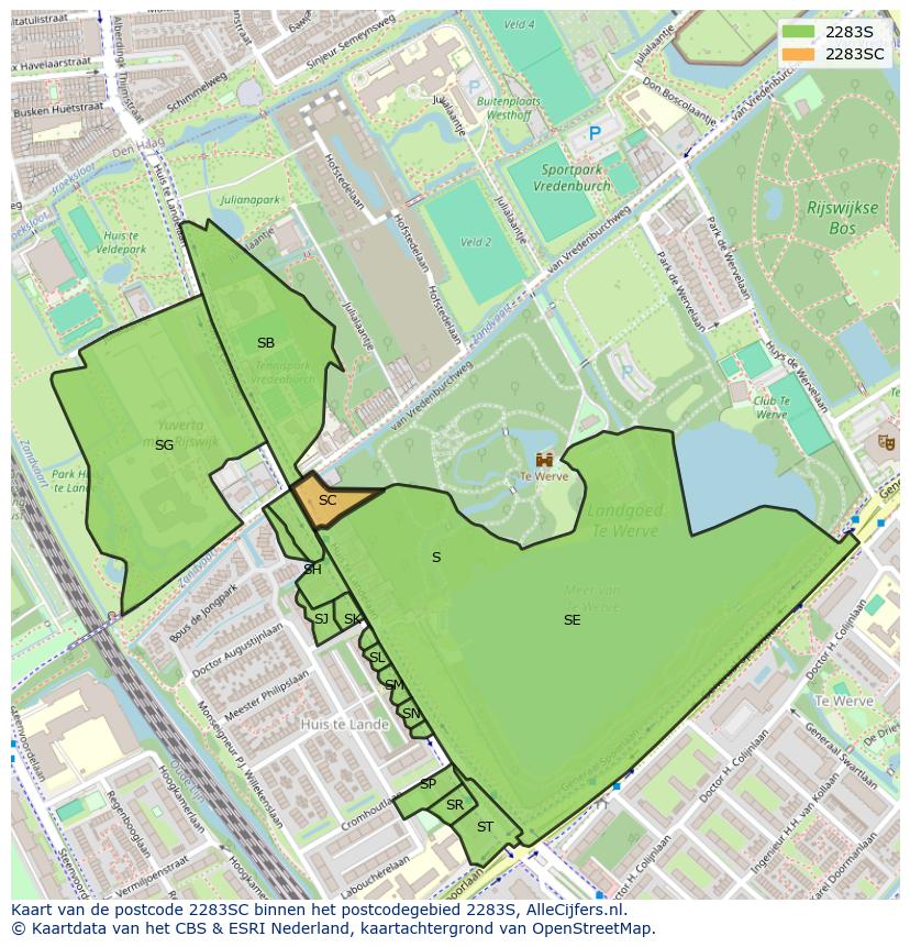 Afbeelding van het postcodegebied 2283 SC op de kaart.