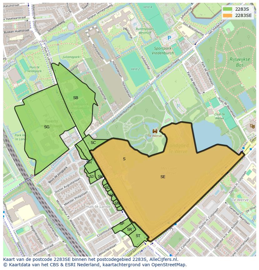 Afbeelding van het postcodegebied 2283 SE op de kaart.
