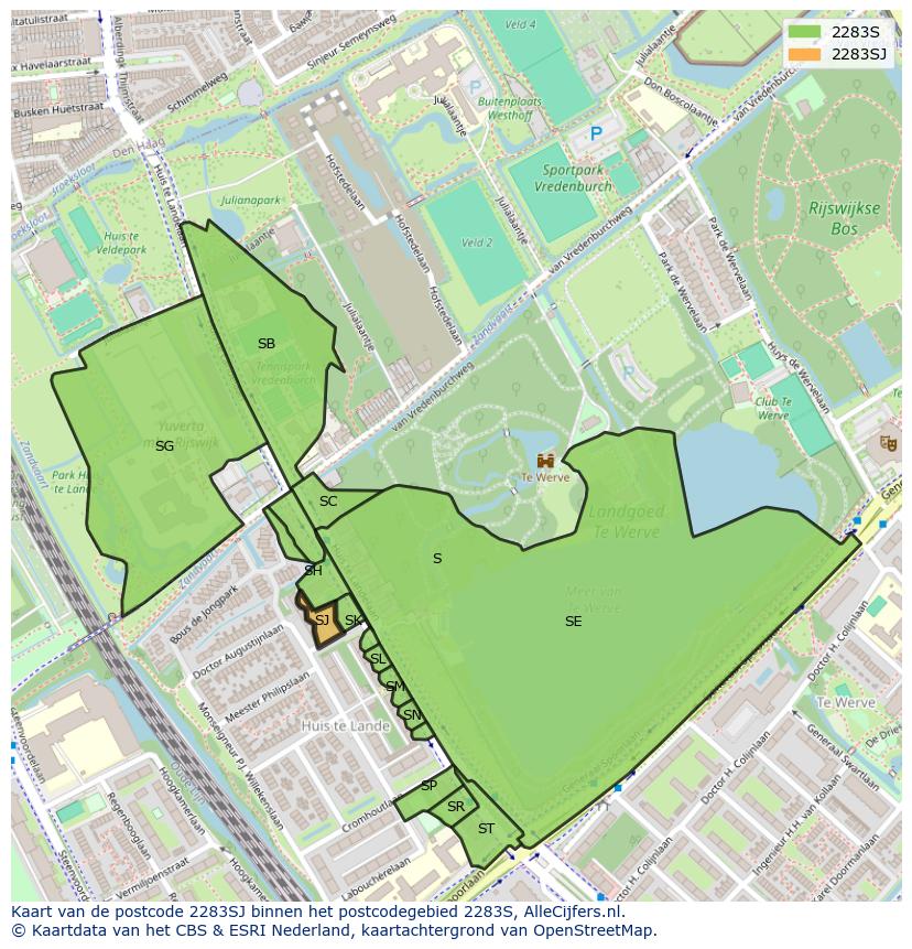 Afbeelding van het postcodegebied 2283 SJ op de kaart.