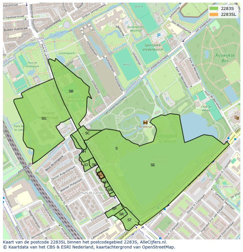 Afbeelding van het postcodegebied 2283 SL op de kaart.