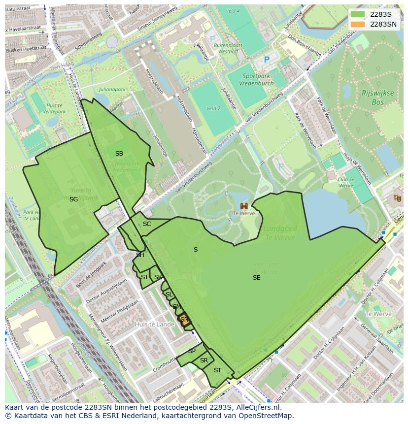 Afbeelding van het postcodegebied 2283 SN op de kaart.