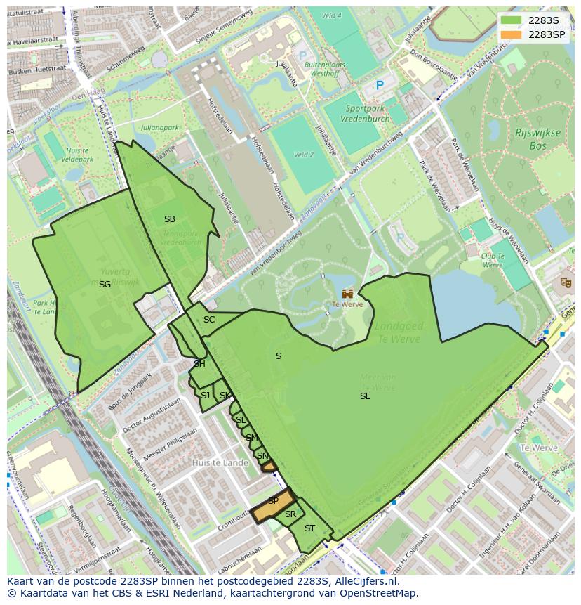 Afbeelding van het postcodegebied 2283 SP op de kaart.