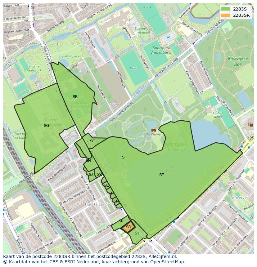 Afbeelding van het postcodegebied 2283 SR op de kaart.