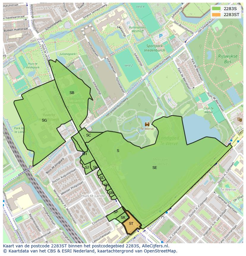 Afbeelding van het postcodegebied 2283 ST op de kaart.