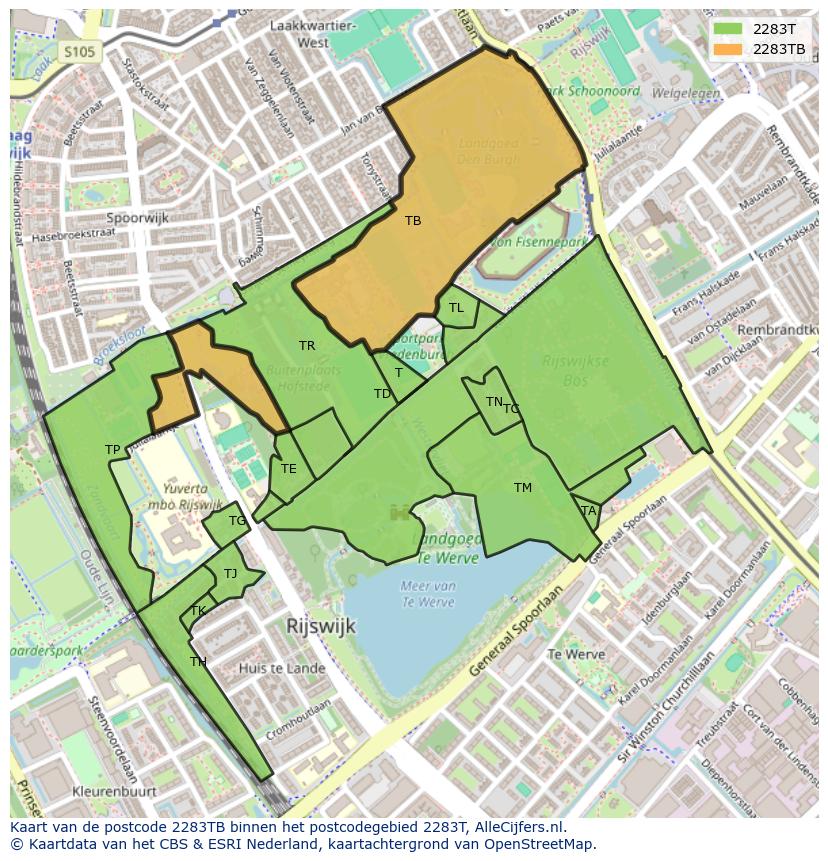 Afbeelding van het postcodegebied 2283 TB op de kaart.
