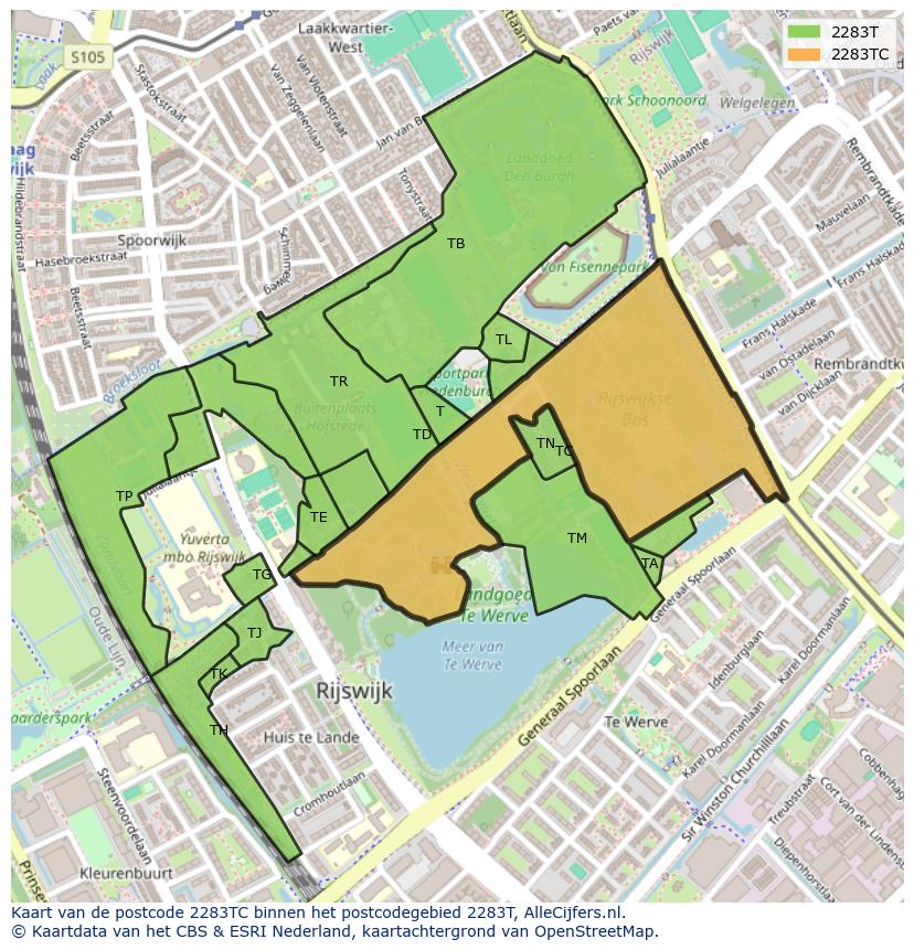 Afbeelding van het postcodegebied 2283 TC op de kaart.