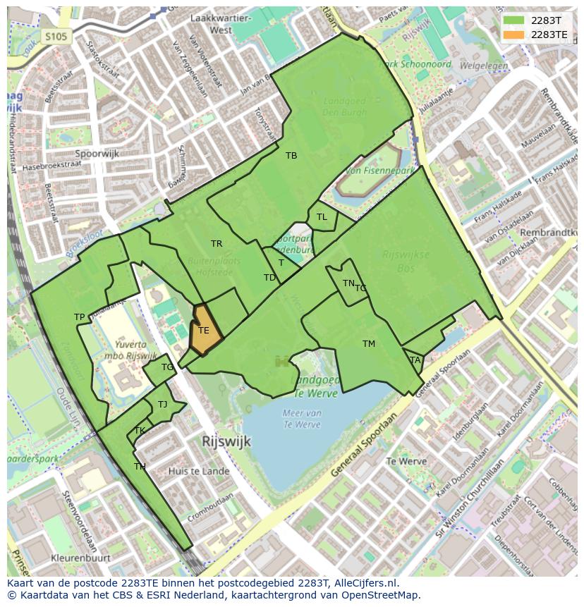 Afbeelding van het postcodegebied 2283 TE op de kaart.