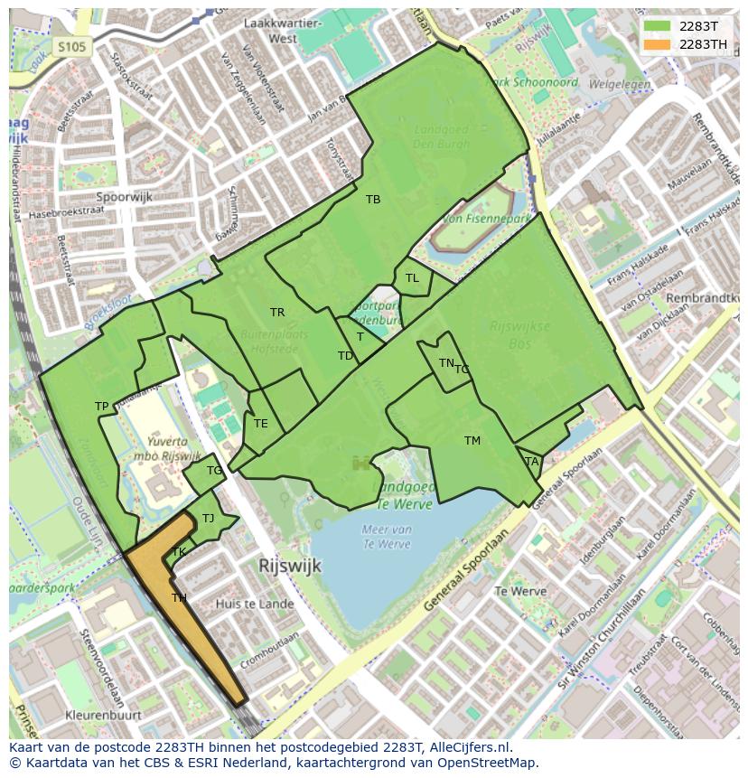 Afbeelding van het postcodegebied 2283 TH op de kaart.