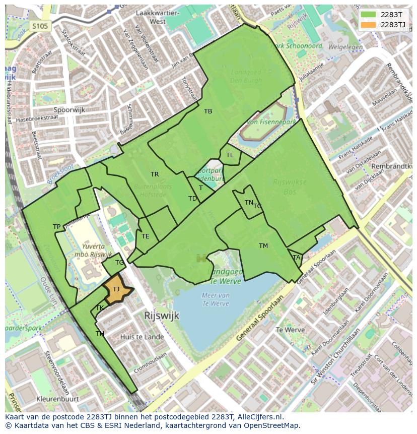 Afbeelding van het postcodegebied 2283 TJ op de kaart.
