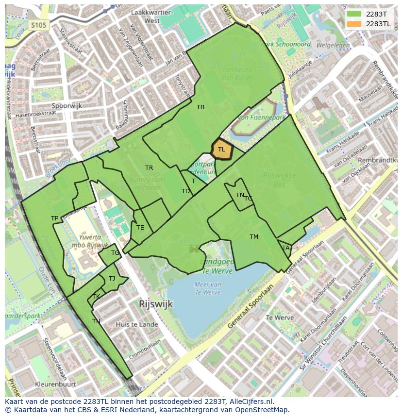 Afbeelding van het postcodegebied 2283 TL op de kaart.