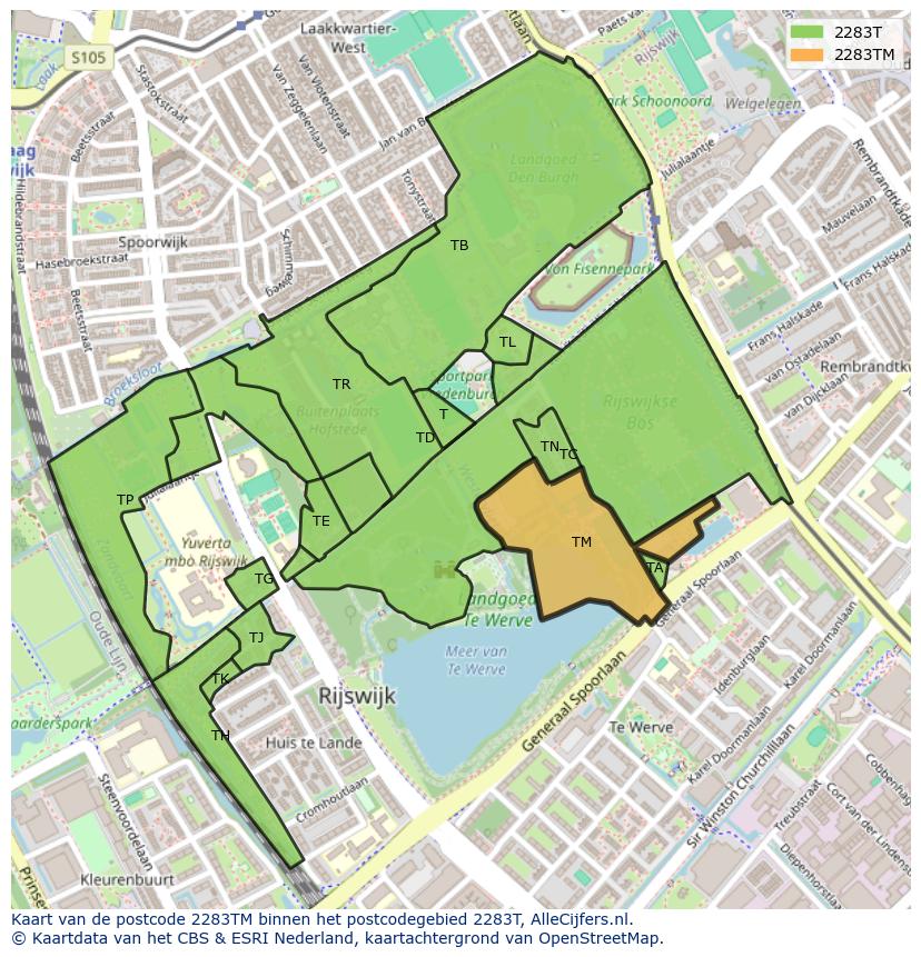 Afbeelding van het postcodegebied 2283 TM op de kaart.