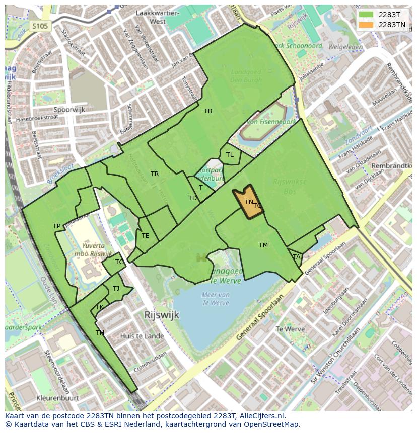 Afbeelding van het postcodegebied 2283 TN op de kaart.