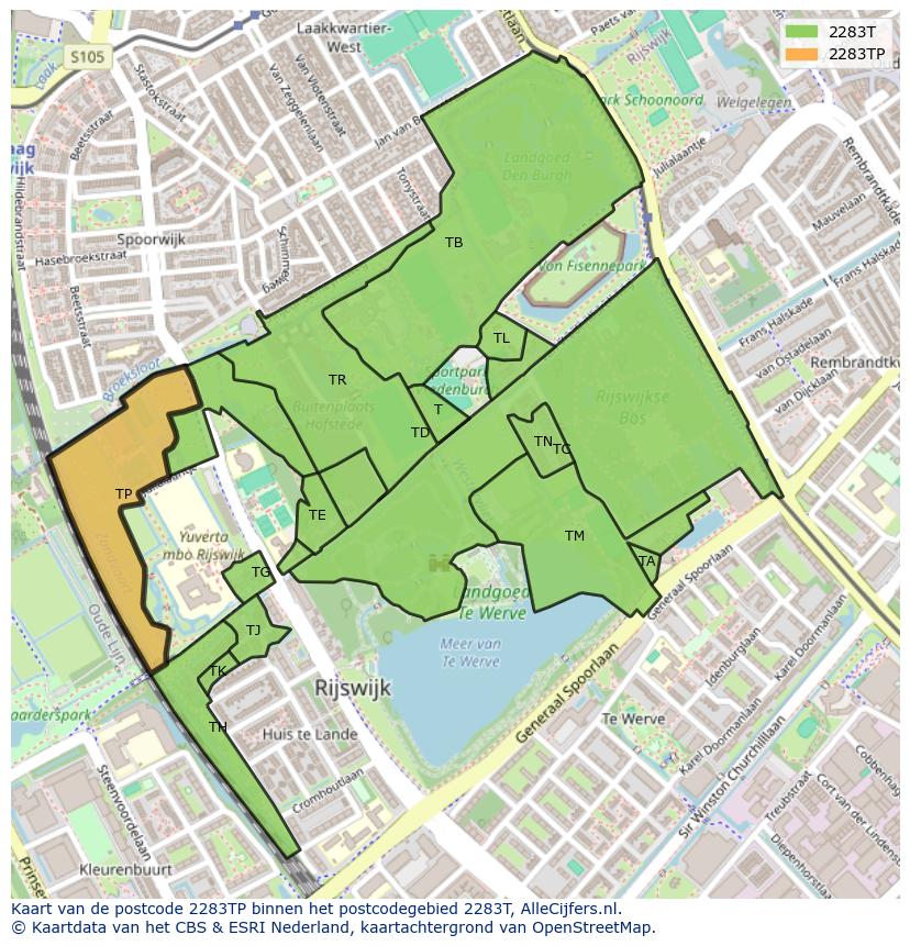 Afbeelding van het postcodegebied 2283 TP op de kaart.