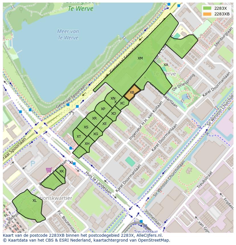 Afbeelding van het postcodegebied 2283 XB op de kaart.