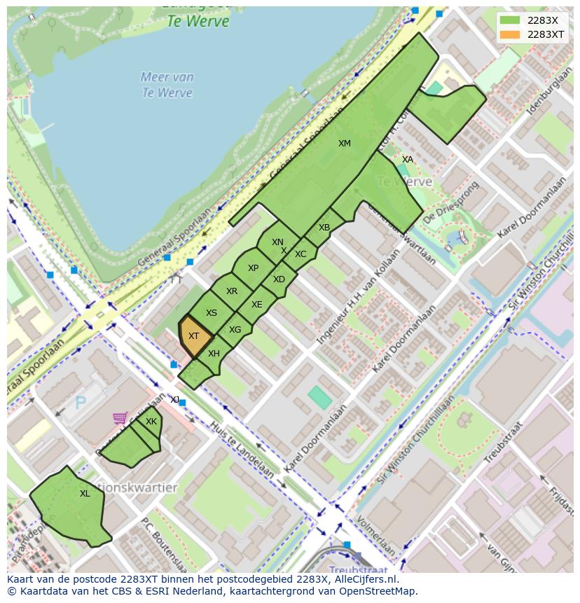 Afbeelding van het postcodegebied 2283 XT op de kaart.