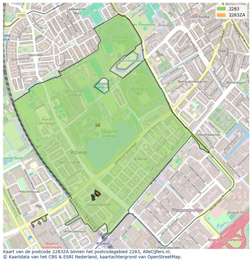 Afbeelding van het postcodegebied 2283 ZA op de kaart.